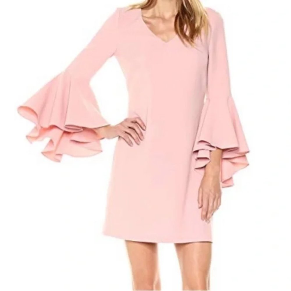 Eliza J Bell Sleeve Crepe Shift Dress Blush Pink 4